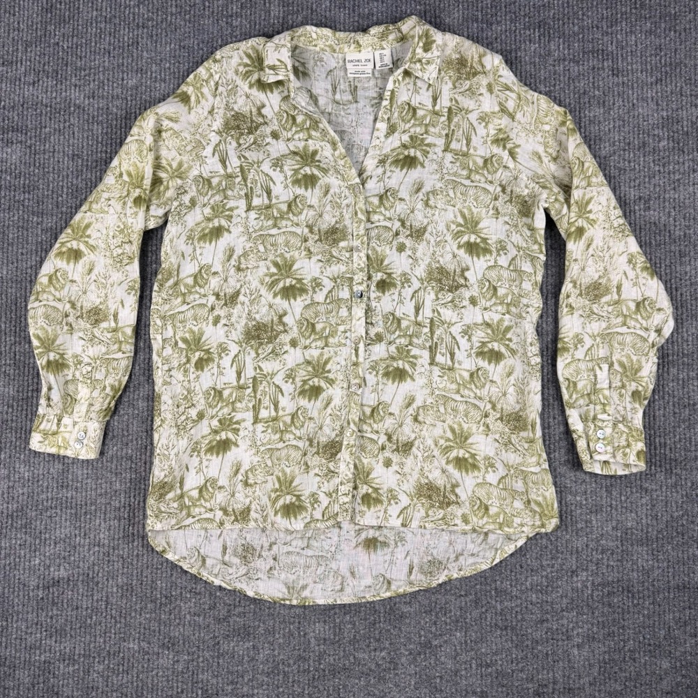 Rachel Zoe Shirt Womens L Green 100% Linen Safari Jungle Tiger Toile Button Up
